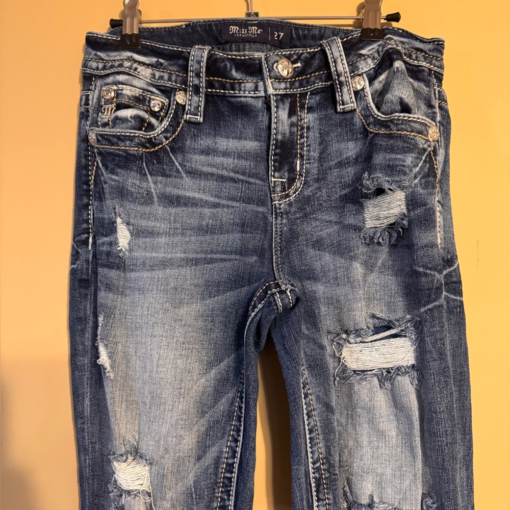 Miss Me Dark Blue Ripped Boyfriend Jeans cowgirl bling jeans sz 27